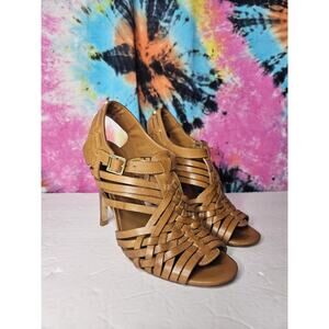TORY BURCH $325 Nadia Brown Woven Leather Logo Detail Huarache Sandals Heels 6.5